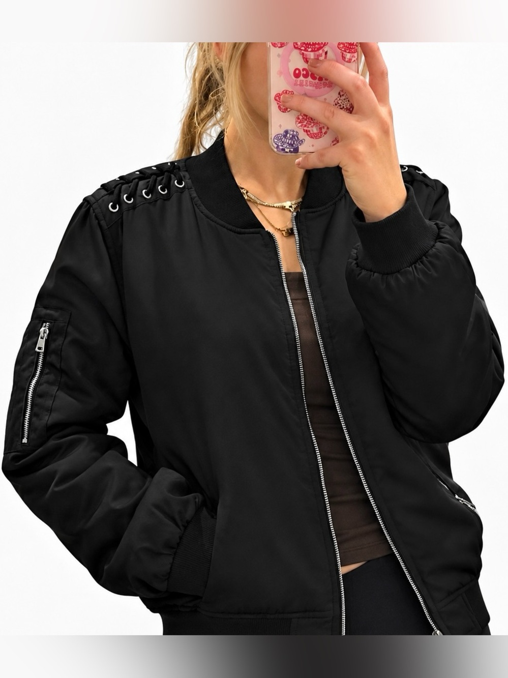 Kendall & Kylie Bomber Jacket Black Satin Lace-Up Shoulder